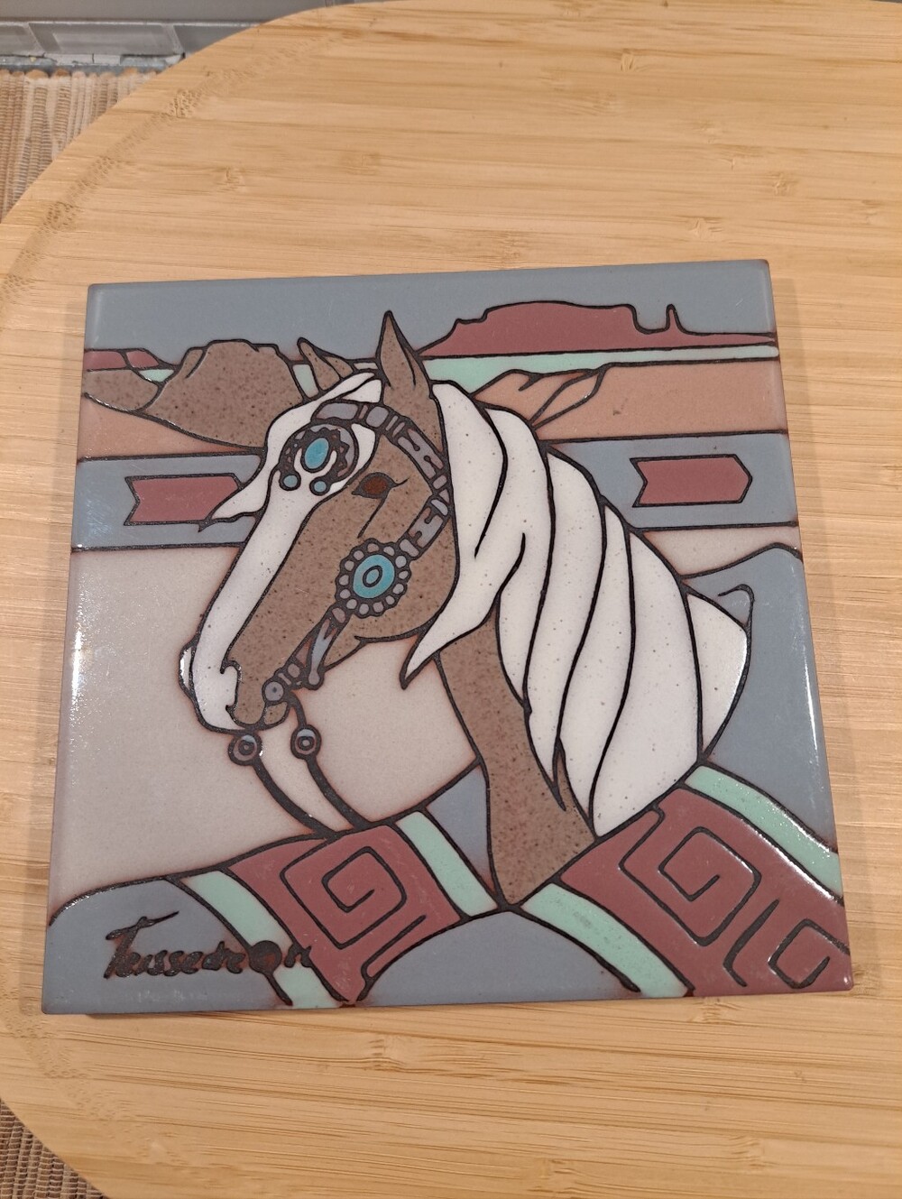 Cleo Teissedre  hand-painted ceramic tile Horse Design